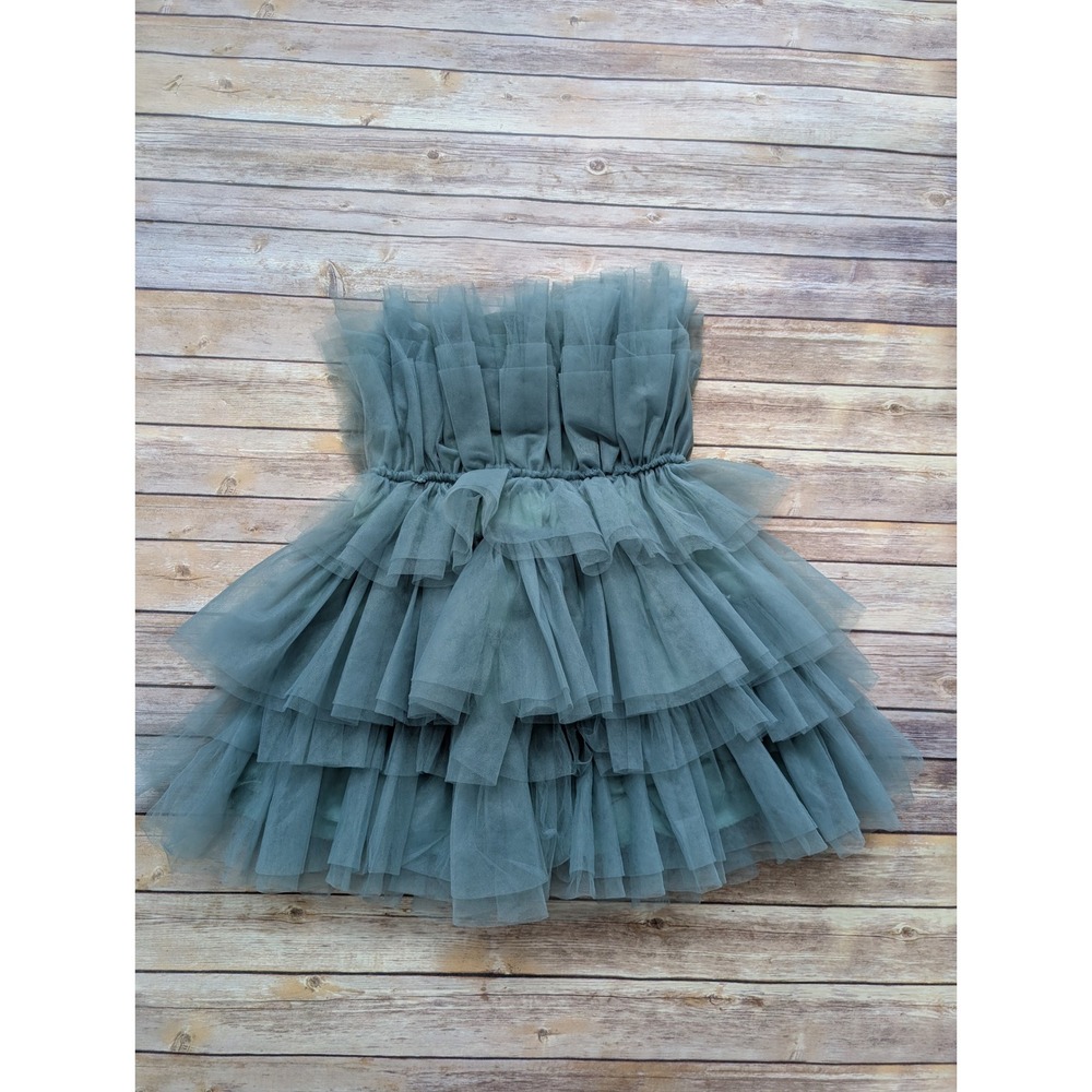 MABLE Strapless Fairycore Tulle Mini Dress Women S Sage Green Tiered Ruffle - Picture 4 of 7
